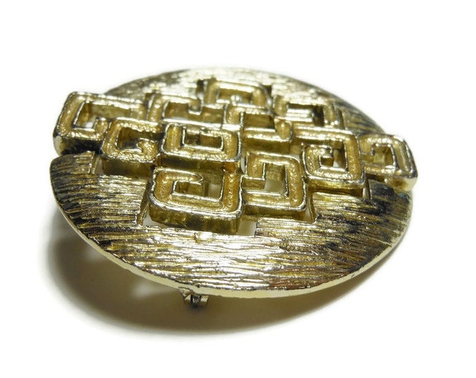 Coro modernist brooch, 1960s geometric cutout shapes in round wavy textured brooch, cubism design, Modrian squares, gold textured, mod