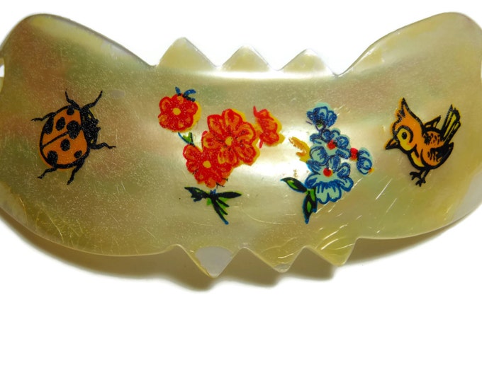 FREE SHIPPING MOP hair slide, mother of pearl, hand painted or decals, ladybug flowers bird, painted clip, child's bun holder,