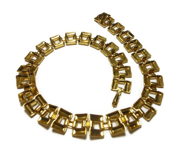 Crystal link choker necklace, 1980s box link gold plated rectangle links with channel set crystal s