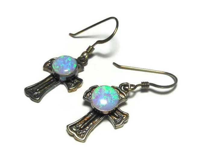 FREE SHIPPING Gordon and Smith earrings, G & S 925 sterling silver cross, fire opal cabochon small dangle french hook, 1995 on original card
