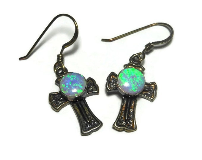 FREE SHIPPING Gordon and Smith earrings, G & S 925 sterling silver cross, fire opal cabochon small dangle french hook, 1995 on original card