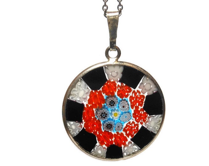 FREE SHIPPING Millefiori glass pendant, 25mm round red, black, blue, yellow white disc on sterling silver chain marked 925 Italy on bail