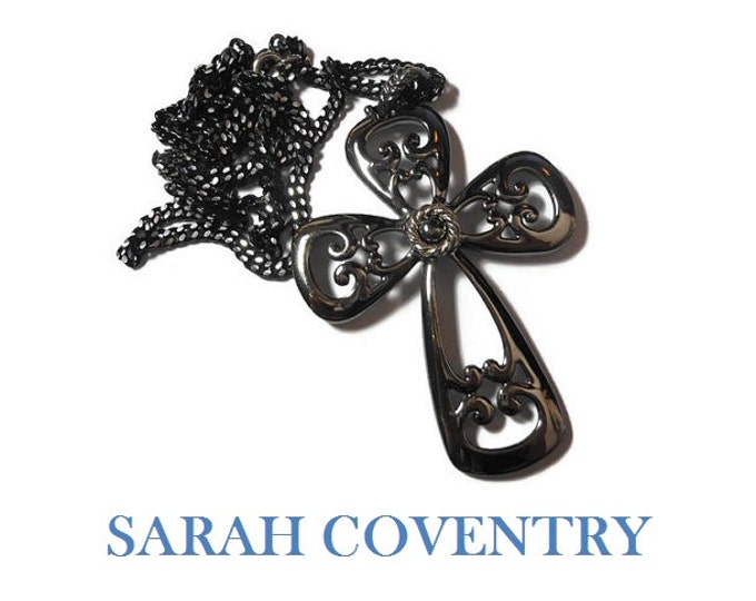 FREE SHIPPING Sarah Coventry cross pendant, gunmetal large pendant with open scroll work, button with rope frame cabochon center, chain
