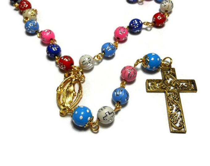 FREE SHIPPING Cross beads rosary acrylic cross beads, upcycled hand painted polka dot Our Fathers, gold crucifix and Virgin Mary medal