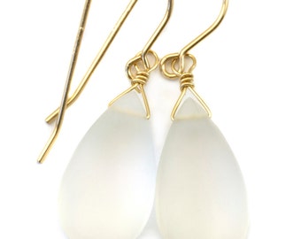 Crystal Clear Quartz Earrings Sterling Silver or 14k Gold Filled Teardrop Dangle Natural Smooth Frosted Matte Finish Look of Sea Glass