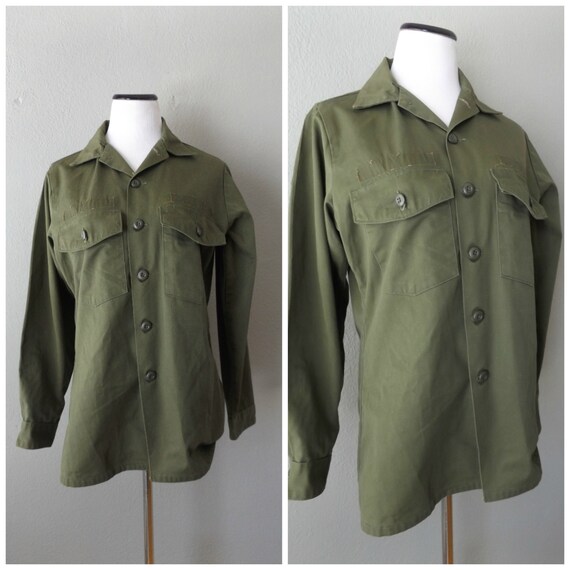Grunge Army Jacket Shirt Vintage 70s Military Button Down Mens