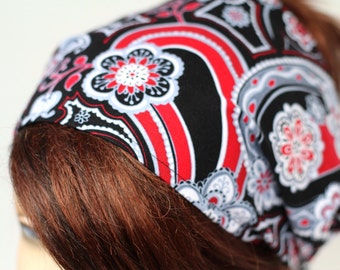 Red Black White Grey Paisley Floral Print Headband Womens Headband Bandana Headband Head Wrap Hair Accessory Womens Gift for Her Gift Ideas