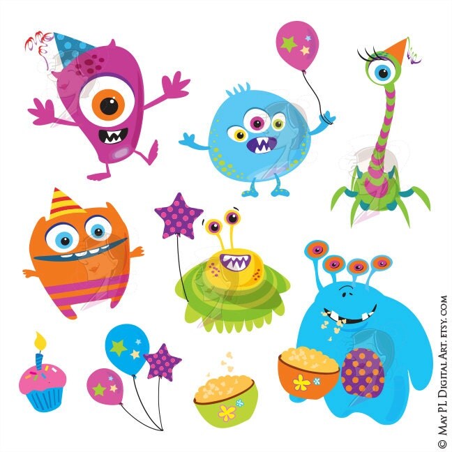 Cute Monster Clipart Kids Birthday Party by MayPLDigitalArt