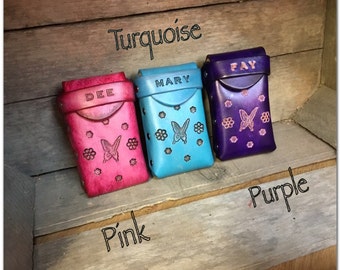 Great Christmas Gift- Genuine Leather Cigarette Case can be personalized too! Butterfly and flowers and many designs