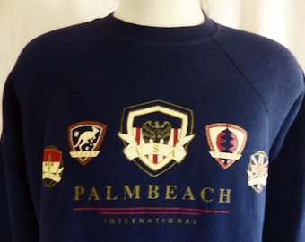 vintage 80's 90's Palm Beach International navy blue fleece graphic sweatshirt crew neck raglan sleeve red white metallic gold logo medium