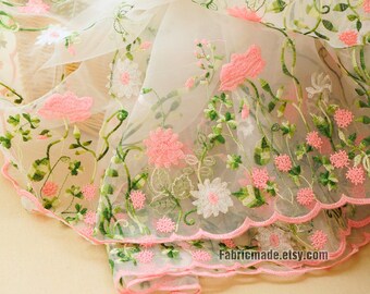 Flower Organza Lace Fabric, Embroidered Lace Fabric, Clear Organza Pink Flower Borders Fabric For Summer Dress - 1/2 yard Lace