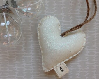 White sparkle glittery heart, personalised Christmas decoration