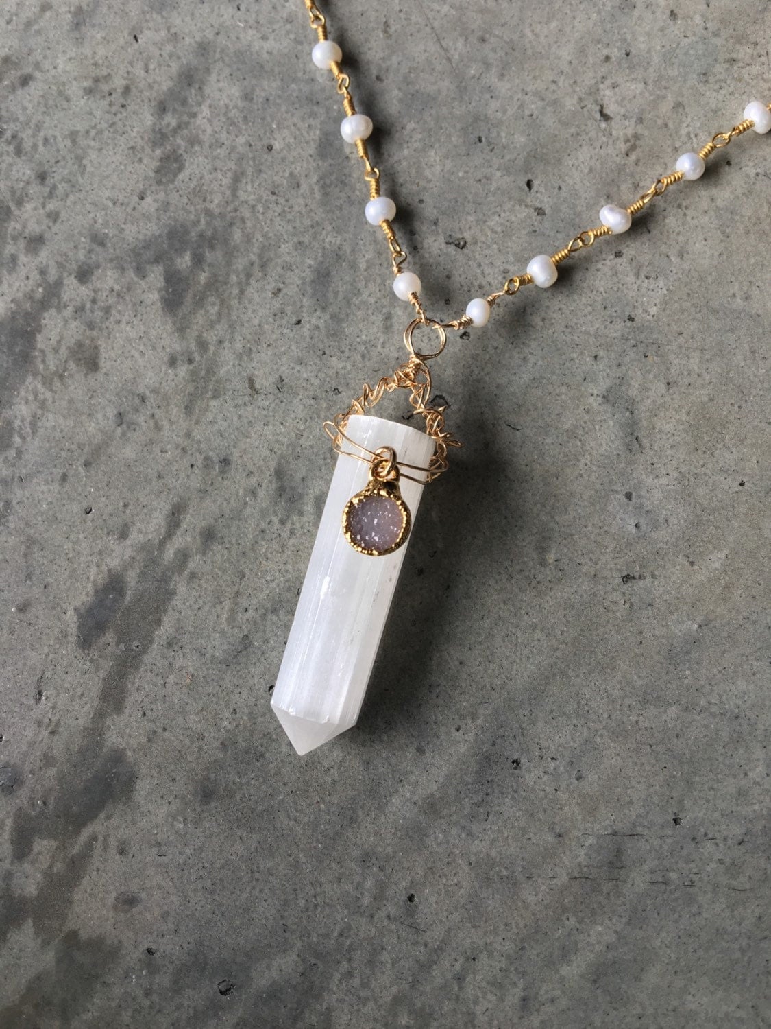 Selenite necklace Druzy jewelry selenite jewelry Pearl