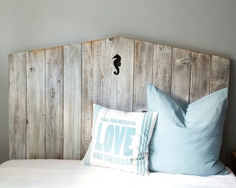 56" tall Queen reclaimed wood beach headboard with seahorse detail