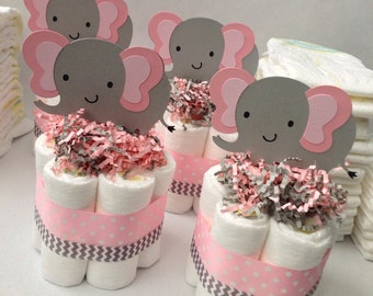 FOUR Pink Grey Elephant Mini Diaper Cakes, Baby Shower Centerpiece, Baby Girl Baby Shower, Pink and Grey Baby Shower, Decoration