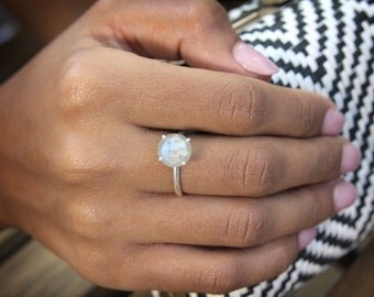 Rainbow moonstone ring,sterling silver ring,gemstone ring,cocktail ring,prong ring,white stone ring,stackable rings,stack rings