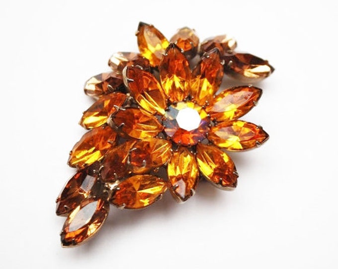 Rhinestone Brooch- Brown orange Crystal - Flower - Floral Pin