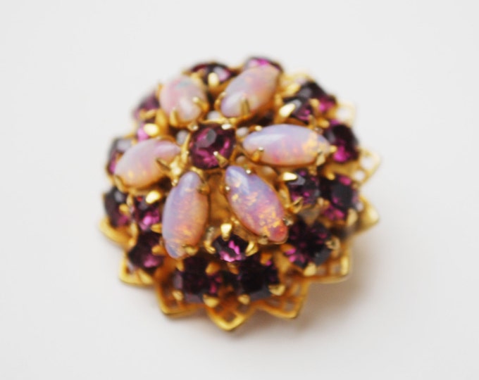 Purple rhinestone brooch - Flower floral - art glass opalescent -domed pin