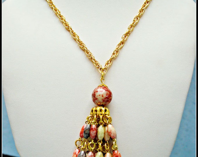 Bead tassel necklace - Colorful Pink Cream - grayish beads -mid century