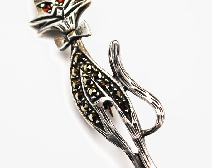 Sterling silver Cat Brooch - marcasites -Red rhinestone eyes- feline kitty pin