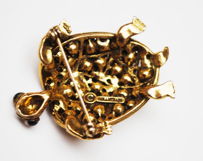 Gold Rhinestone Turtle Brooch - Hollycraft designer signed pin