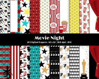 Digital Scrapbook Papers-Movie Night-Popcorn-Oscars-Theatre-Film Strip-Clapboard-Movie Theme-Movie Party-Stars-Instant Download Clip Art