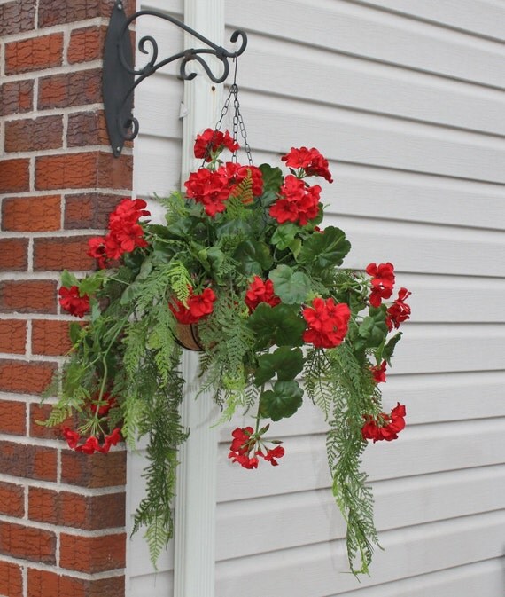 Silk Hanging Plant Red Geranium with Fern by SilkEleganceFlorals