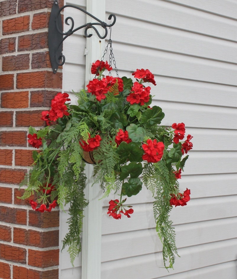 Silk Hanging Plant Red Geranium with Fern by SilkEleganceFlorals
