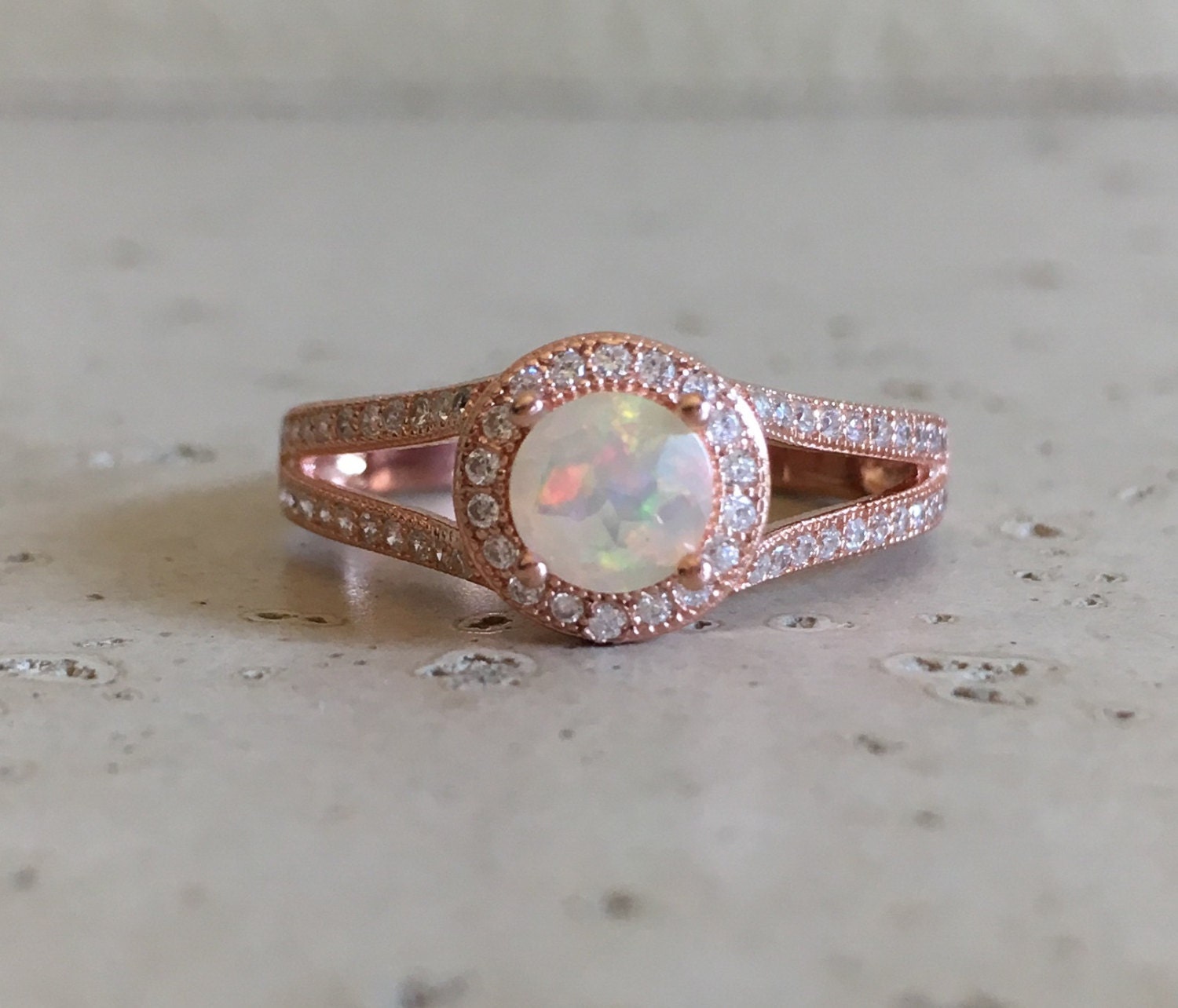 Halo Opal Engagement Ring Rose Gold Engagement Ring Fire