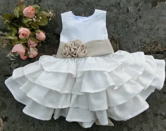 Baby flower girl dress. White baby dress. Girls christening dress, baptism dress. Infant flower girl. Baby ruffle dress, baby linen dress