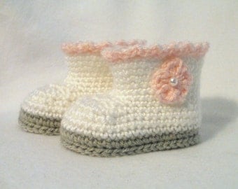 Crochet Baby Booties White Pink & Gray Baby Booties Crochet Baby Boots Pink Baby Girl Boots Baby Girl Booties Pink White and Grey Baby Boots