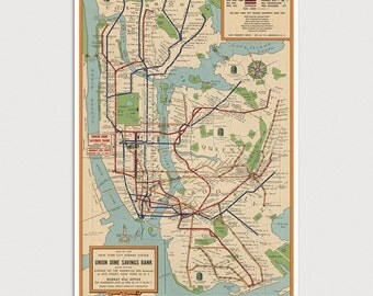 Old New York Subway Map Art Print 1954 Antique Map Archival Reproduction