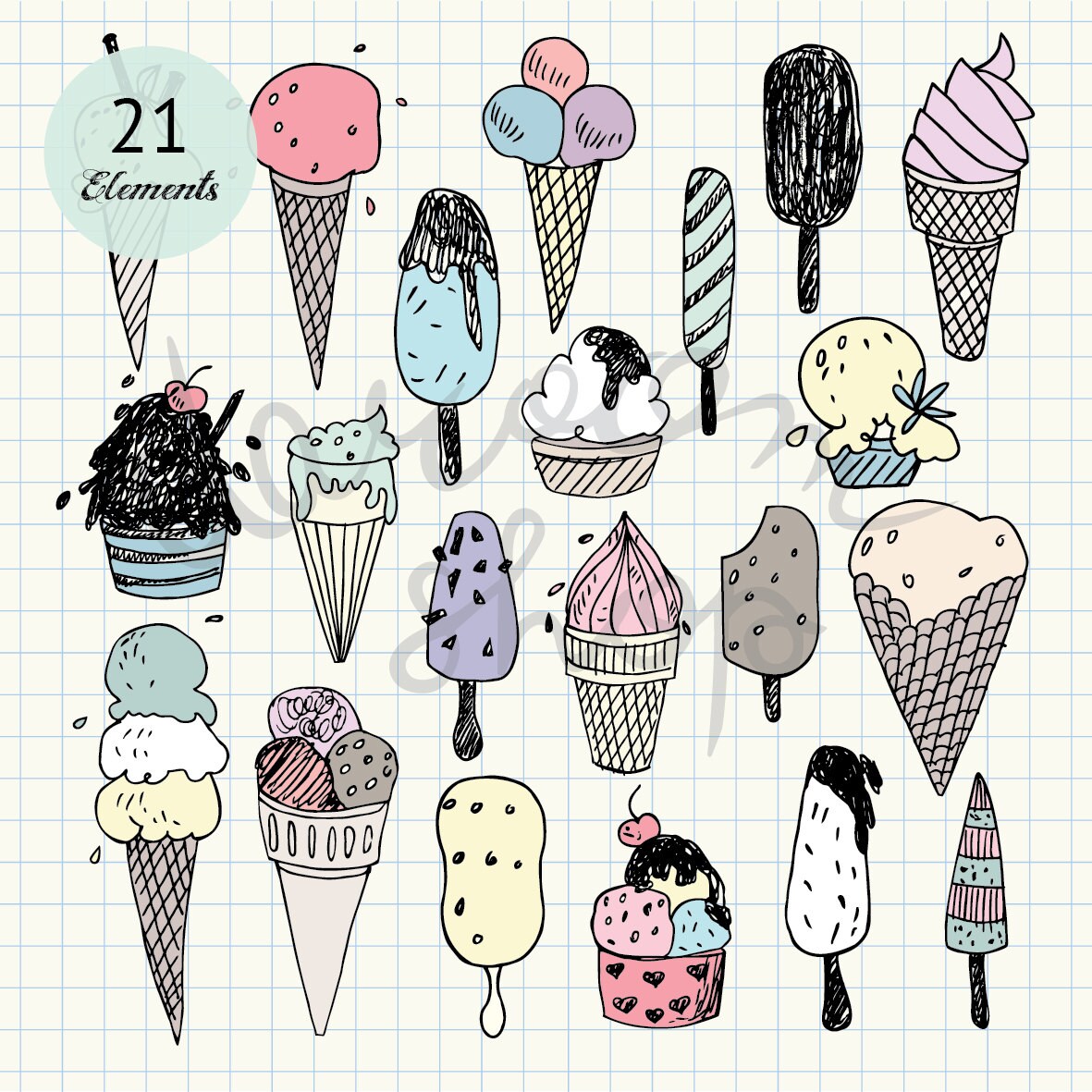 Ice Cream Clip Art/Food Clipart /Hand Drawn Doodles/Ice Cream