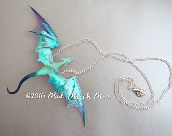 Dragon Necklace, Handmade, Blue Purple, iridescent with lilac organza tied ribbon or silver plated chain