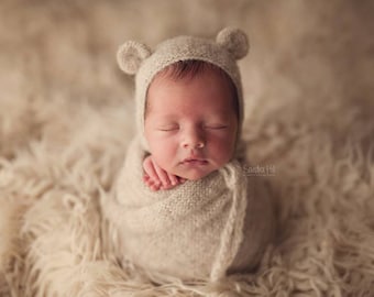 Knit alpaca bear bonnet and matching alpaca wrap Newborn photo prop preorder 13 colors