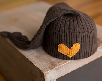 Newborn Hat Upcycled Brown Cable Knit Sleepy Stocking Cap with Heart READY TO SHIP Neutral Organic Colored Photography Prop, Newborn Hats