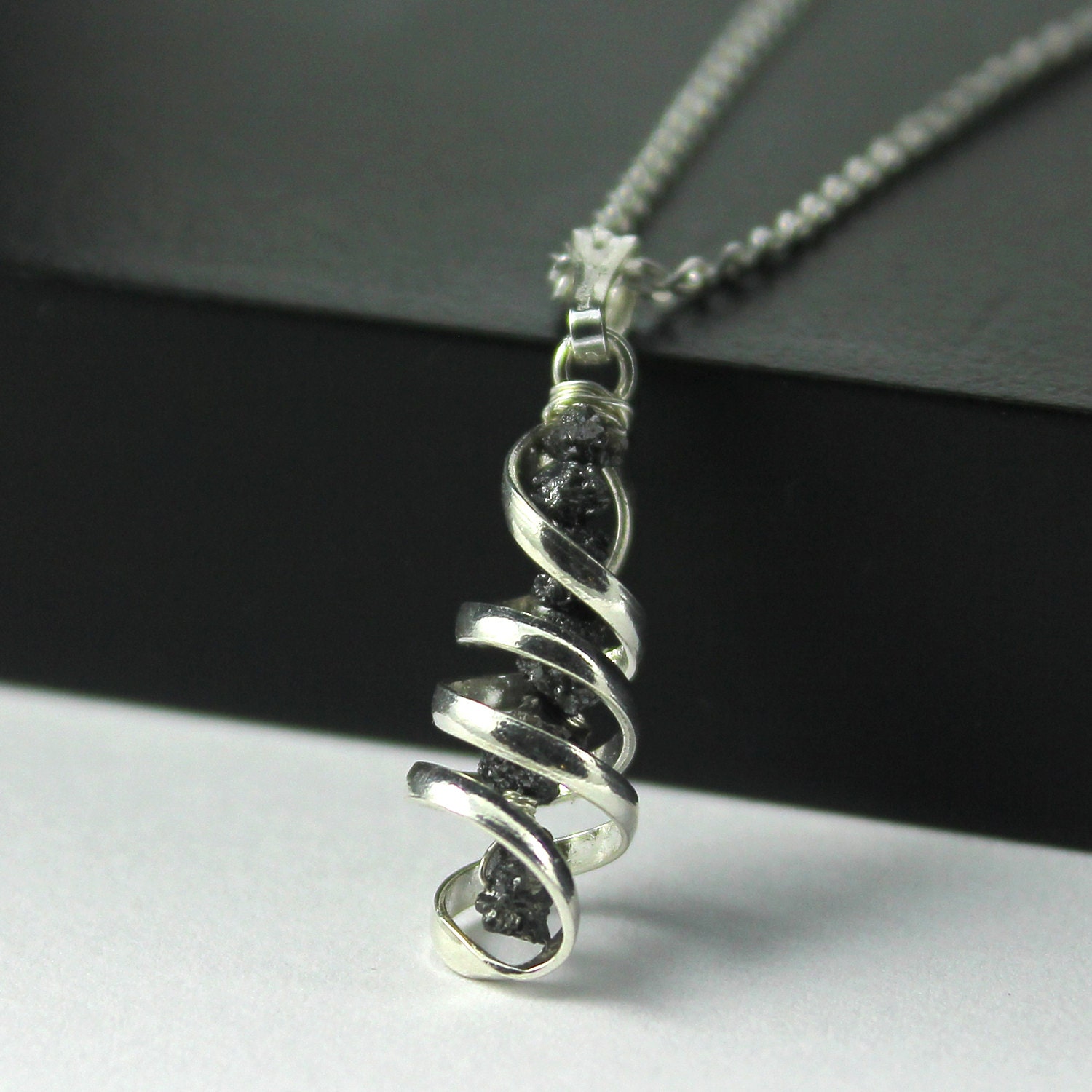 Spiral Pendant Necklace Black Rough Diamonds Sterling