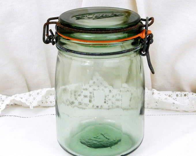 Vintage French Green Glass Canning Jar 0.75 Liter / 0.19 Gallon L'Ideale with New Rubber Seal, French Country Decor, Mason Jar, Preserve
