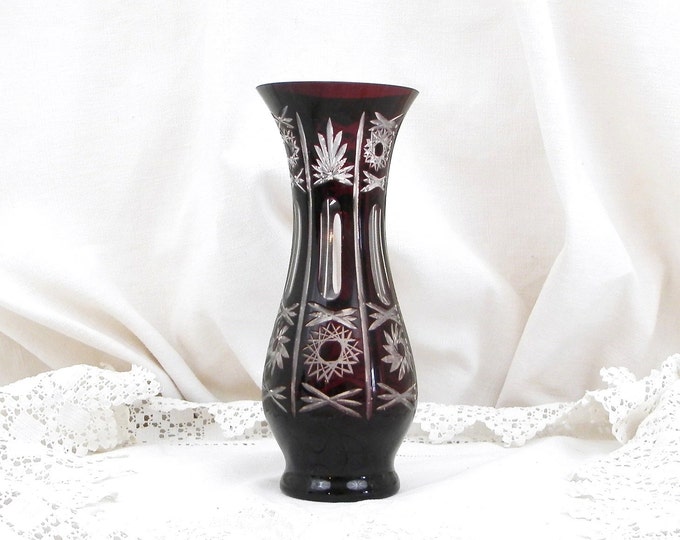 Vintage Colored Cut to Clear Glass Vase Dark Purple Bohemian Style Mid Century / Retro Home Interior European / Flower Arranging / Chic