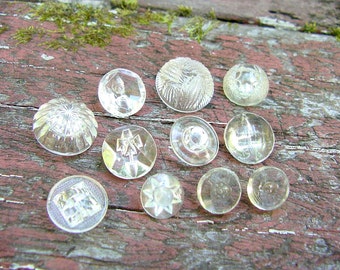 11 Assorted Vintage Clear Glass Buttons, Cut Glass Buttons, Pressed Glass Buttons, Charmstring Buttons