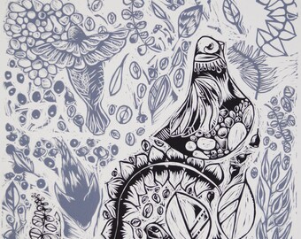 Winter in the Garden, Linocut, Birds, Seeds, Leaves