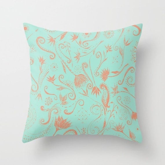 Items similar to Blue & Pink Floral Throw Pillow Cover, blue throw pillow, light blue pillow ...
