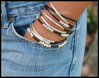 LEATHER Wrap Bracelet - Triple Leather Wrap Bracelet Silver Tubes - CASCADING Adjustable Boho Leather Wrap Beaded Accents Bracelets USA 769