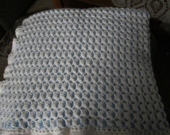Crocheted Reversable baby blanket in blue and white