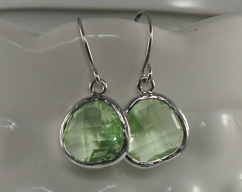 Light Peridot Glass Dangle Earrings Made with White Gold.