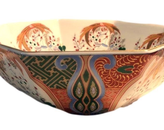 Andrea by Sadek Bowl with Sandhill Crane Birds Oriental Porcelain Gold Gilded Trim 9 1/2 Inches