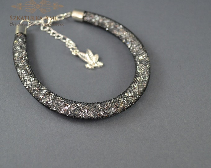 Silver mesh bracelet nylon mesh shiny bracelet net bracelet modern bracelet mesh bracelet crystal bracelet girls womens gift idea