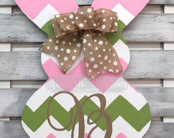 Monogrammed Chevron Easter Bunny Door Hanger Sign (pink/foliage green)