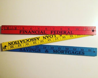 Wood folding ruler in primary colors, vintage ruler, measuring stick
