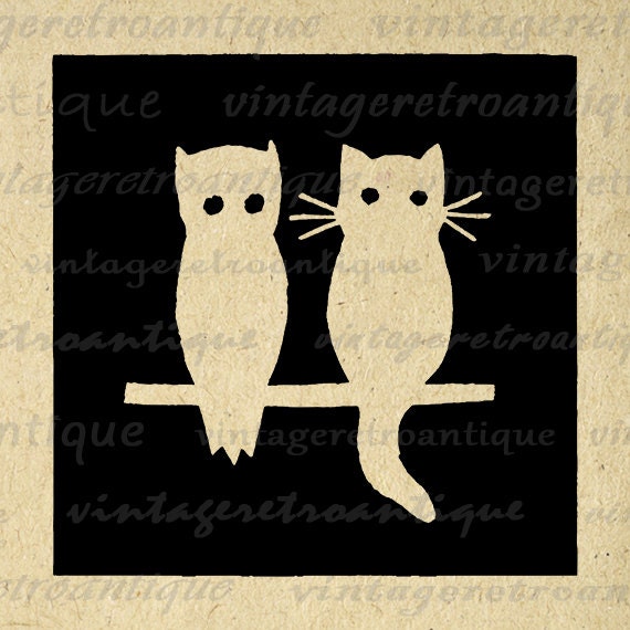 Printable Graphic Owl And Cat Silhouette By Vintageretroantique